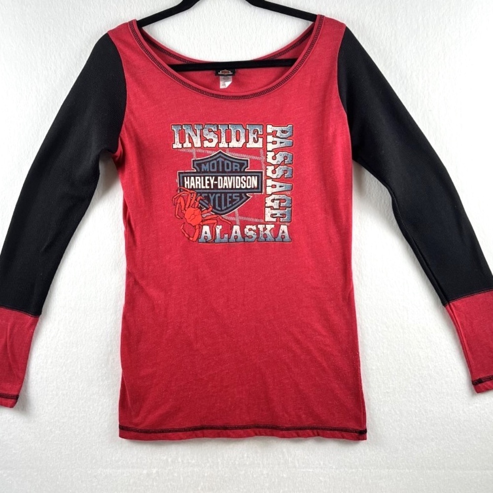 Harley Davidson Red & Black Long Sleeve Alaska Y2K Retro VTG Women's Large